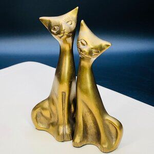 80s Brass Long Neck Alley Cat COUPLE Figurines Set, Vintage Gold Tone Statuettes